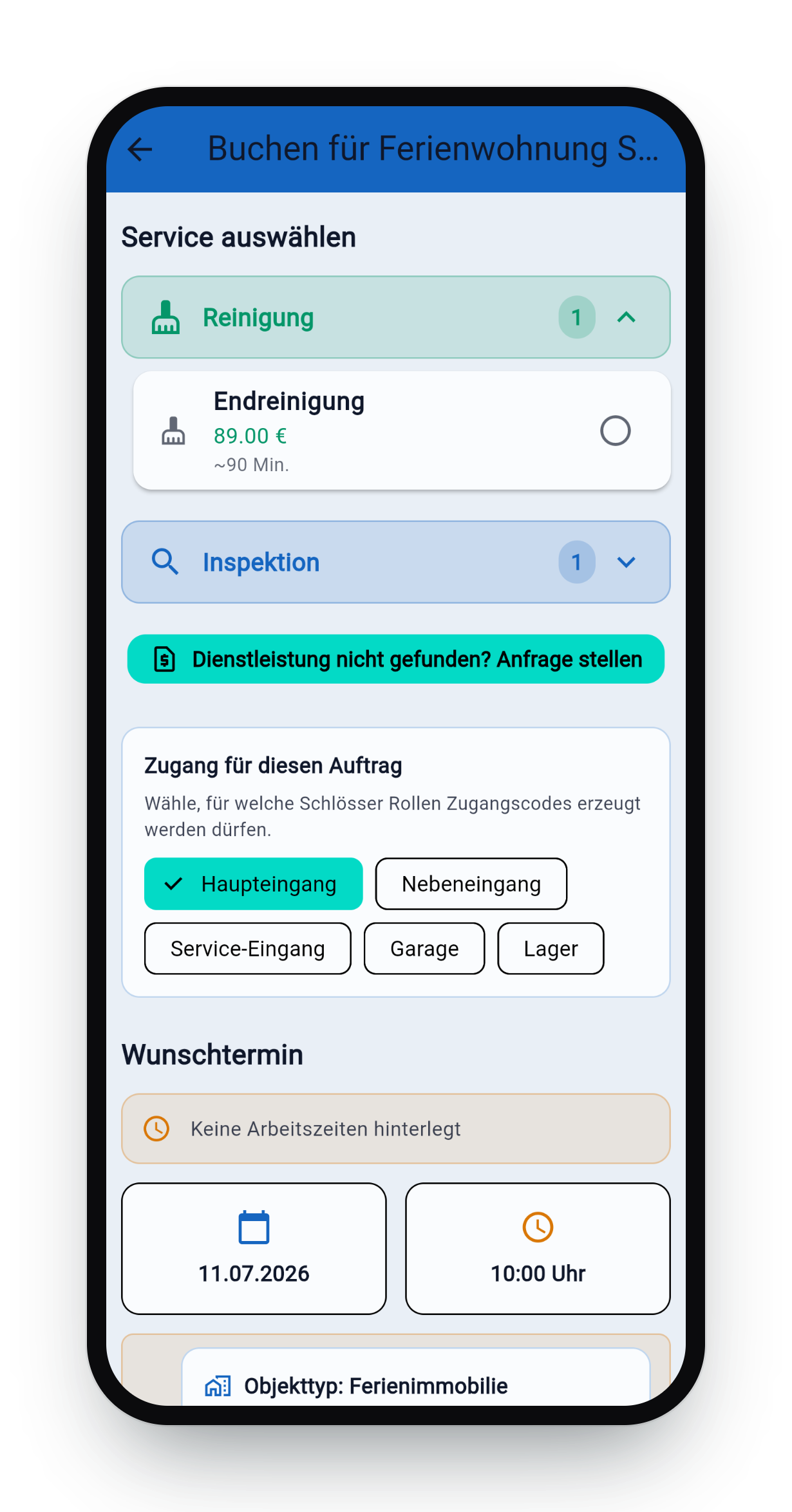 Booking screen on the phone: selecting the final cleaning service, access and preferred date
