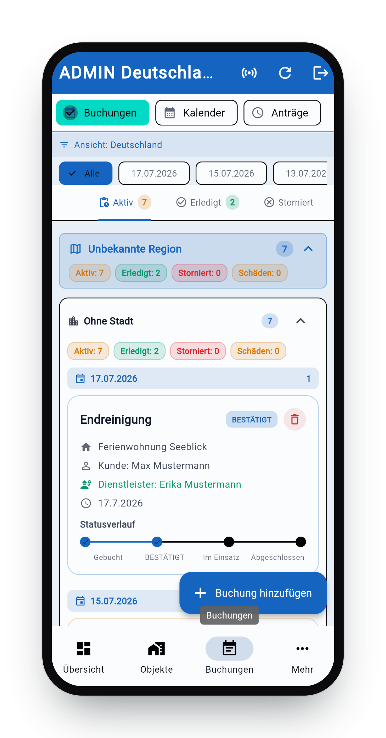 Booking list on the phone with the status timeline