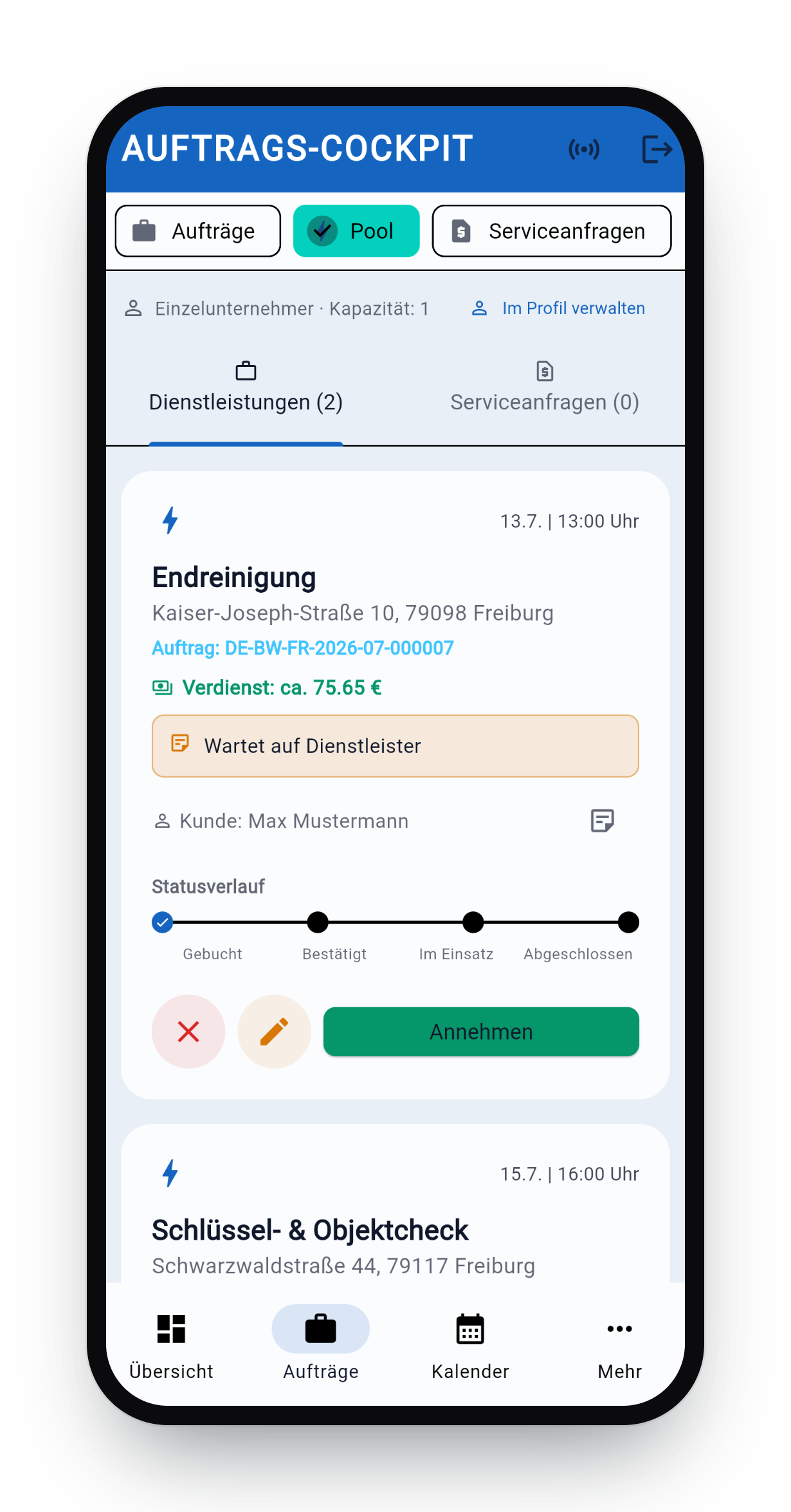 Provider job pool on the phone: an open job with expected pay, address and an accept button
